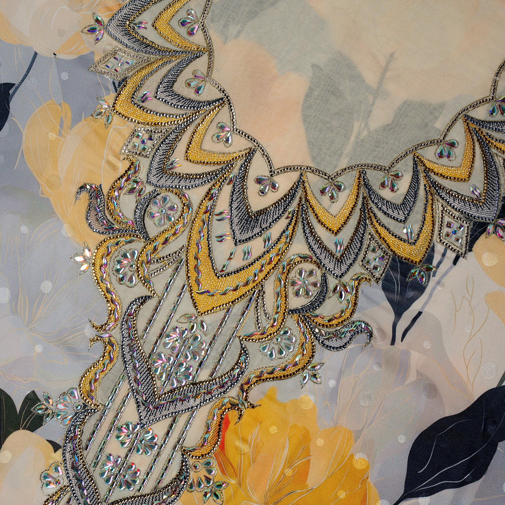 Jacquard Silk Jalabiya II Detail — Woven Silk Patterns Noora Fares Boutique