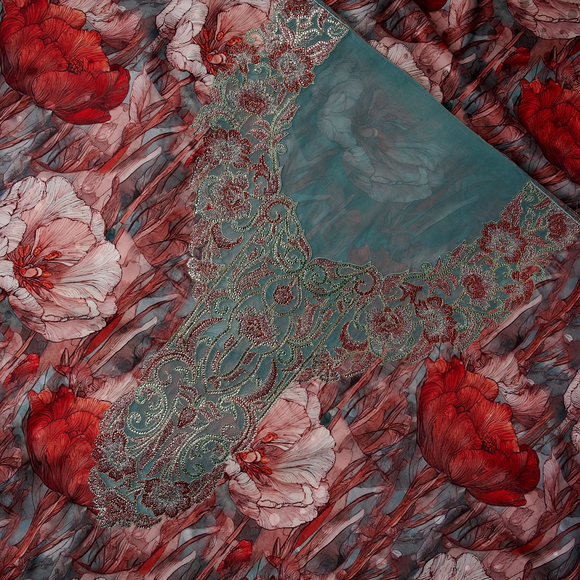 Jacquard Silk Jalabiya V Detail — Luxurious Fabric Noora Fares Boutique