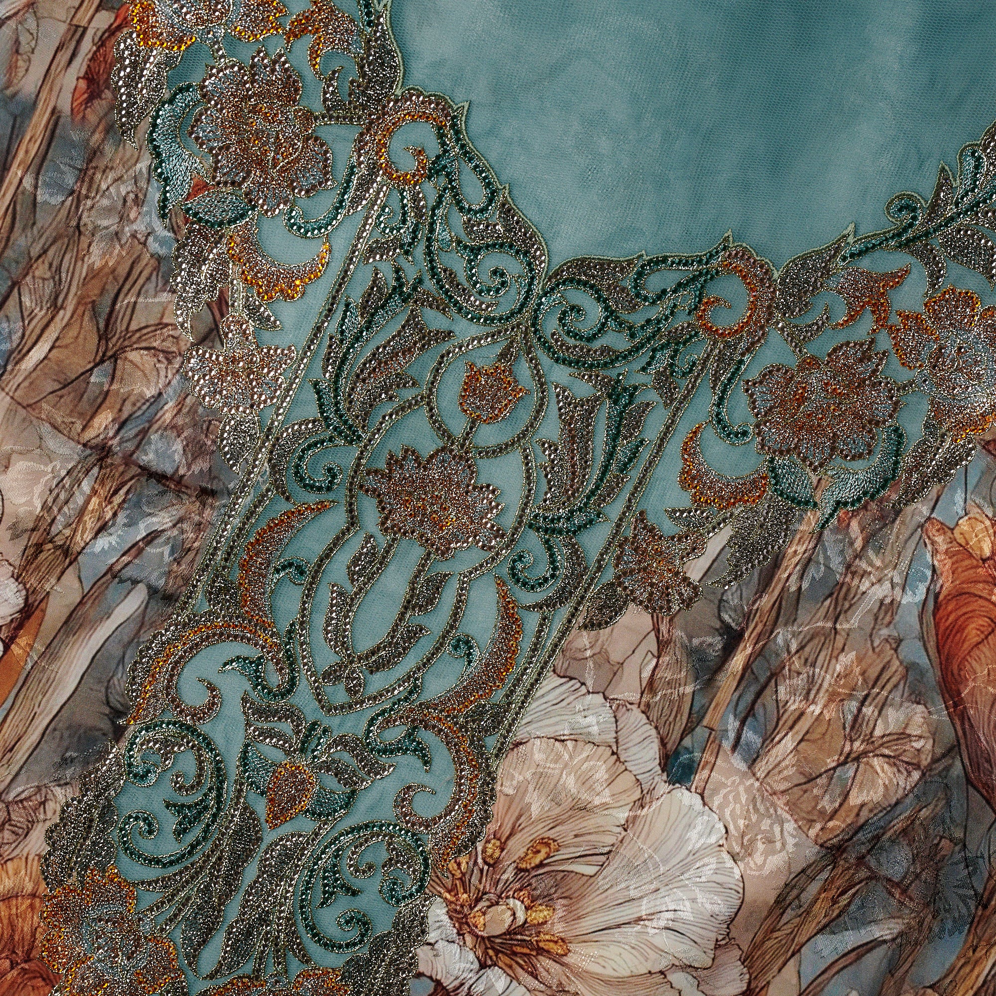 Jacquard Silk Jalabiya VI Detail — Fine Woven Silk Noora Fares Boutique UAE